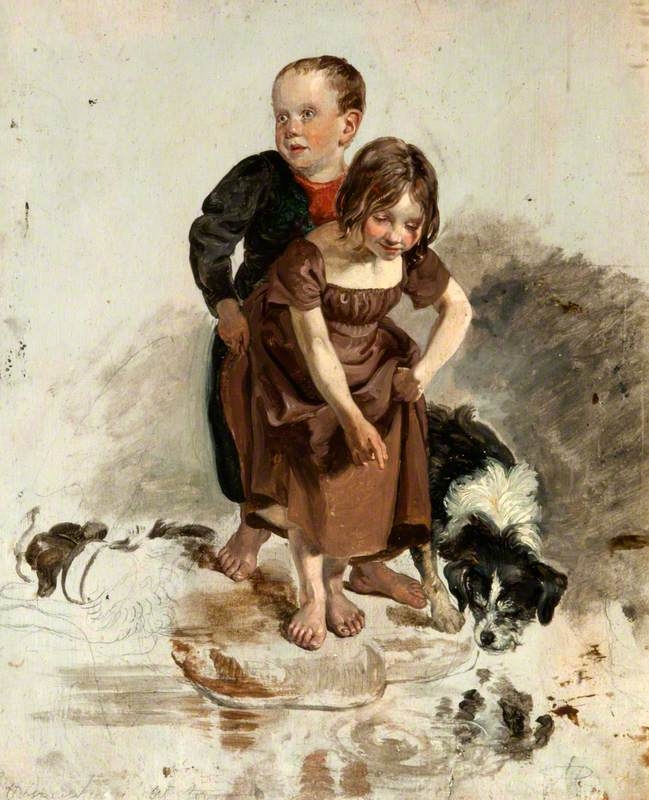 A Boy and a Girl with a Collie Dog Standing by a Stream (study for 'The Covenanters' Baptism')