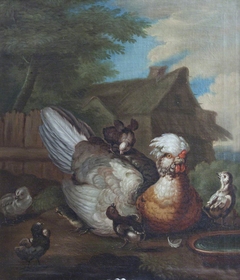 A Hen and Six Chicks before a Cottage by manner of Marmaduke Cradock