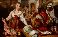 A Maid in a Kitchen with Christ in the House of Martha and Mary in the background by Joachim Beuckelaer