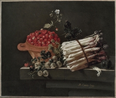 A Pot of Strawberries, Gooseberries, and a Bundle of Asparagus on a Stone Plinth