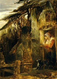 A Woman standing in the Doorway of a Cottage talking to Old Man by a Fence