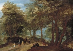A wooded landscape with an amorous couple seated by a tree and elegant company strolling on a path near a river by Denis van Alsloot