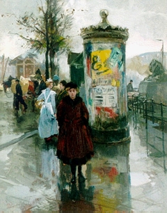 Advertising column and figures at the Vierleeuwenbrug in Rotterdam by August Willem van Voorden