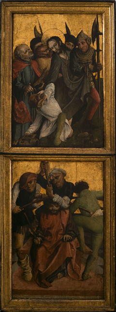 Annunciation, Adoration of the Shepherds (carved obverse); Capture of Christ, Crowning with Thorns (painted reverse). Inner left wing of the altar retable from Lusina by anonymous painter