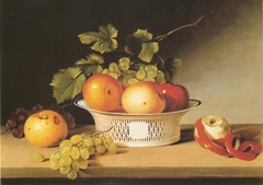 Apples and grapes in a pierced bowl by James Peale