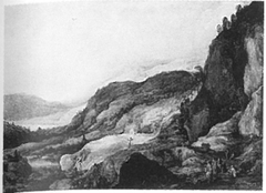 Berglandschaft mit vier Reitern und zwei Bettlern by Joos de Momper the Younger