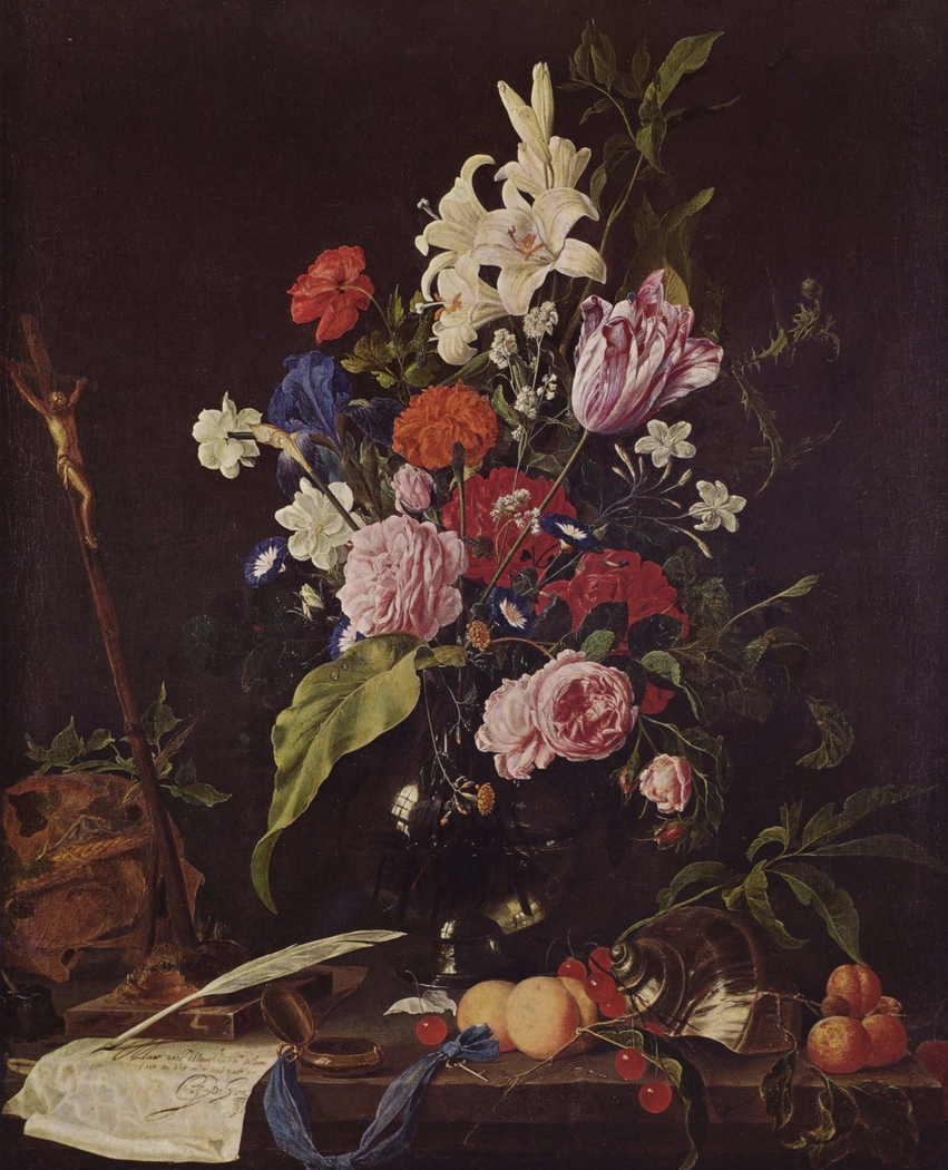 Blumenstilleben mit Totenkopf und Kruzifix