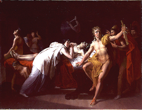 Briséis pleurant le corps de Patrocle dans la tente d'Achille