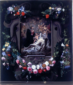 Cartouche with flowers, surrounding the dead Christ mourned by the Virgin and Cherub
