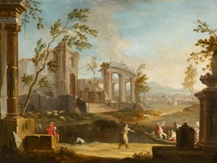 Classical Landscape with a Pilgrim hectoring People in a Barge by Anonymous