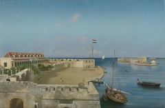 De haveningang van Willemstad met het Gouvernementspaleis by Prosper Crébassol