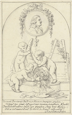 Decoratief ontwerp met putti met hoorn des overvloeds met een portret van Josephus Augustinus Brentano