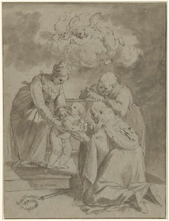 Een heilige bisschop knielend voor Maria met Christuskind by Unknown Artist