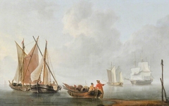 Fishermen and Boats with Two Sailing Ships beyond by Charles Martin Powell