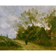 Flesselles. Chaumières vues à travers les arbres au bord d'une route by Jean-Baptiste-Camille Corot