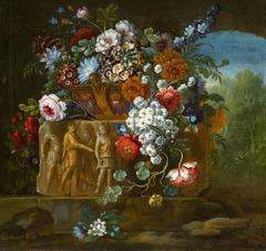Flower Still Life with a Fragment of a Roman Relief by Pieter Casteels III
