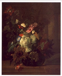 Flowers in a glass vase on a balustrade with colonnade by Rachel Ruysch