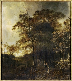 Forest landscape with huntsmen