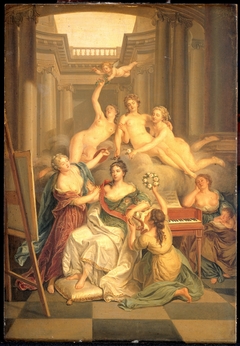 Frederika Sophia Wilhelmina van Pruisen (1751-1820). Echtgenote van Prins Willem V, in de tempel der kunsten by Benjamin Samuel Bolomey