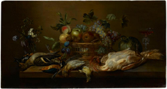Fruit basket and dead poultry by Frans Ykens