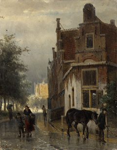 Gezicht aan de haven te Enkhuizen bij regen by Cornelis Springer