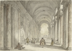 Gezicht in de colonnade voor het casino van de Villa Albani te Rome by Hubert Robert