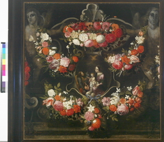 Heilige Familie omgeven door bloemenguirlandes. by Frans Ykens