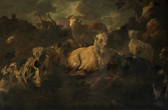 Herdsman sleeping amidst his Sheep, Goats and Cattle