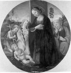Holy Family with the Young Baptist and an Angel by Master of the Miller Tondo
