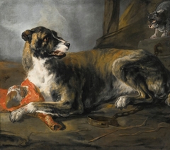 Hound with a Joint of Meat and a Cat Looking on by Jan Baptist Weenix