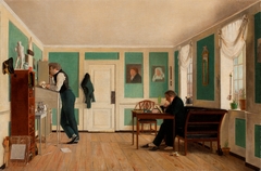Interior from Amaliegade. Captain Carl Ludvig Bendz standing and Dr. jacob Christian Bendz seated by Wilhelm Bendz