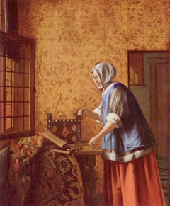 Interior with a Woman weighing Gold Coin by Pieter de Hooch