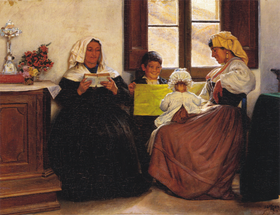 Italian Interior. Two Women and two Children at a Window