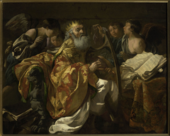 King David playing the harp among angels