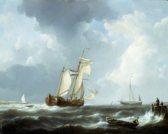 Kofschip temidden van andere vaartuigen onder zeil, nabij een kust by Johannes Christiaan Schotel