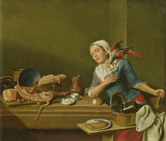 Küchenstillleben mit weiblicher Figur und Papagei (Das Gefühl)