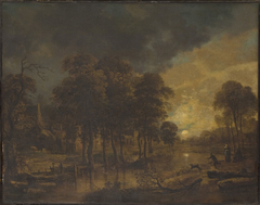 Landscape with a Brook and a Village in Moonlight by Aert van der Neer
