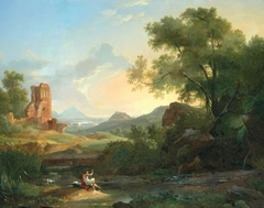 Landscape with a man frightened by a serpent among ruins