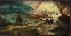 Landscape with Burning City by Herri met de Bles