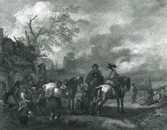 Landscape with horsemen at a blacksmith by Pieter Wouwerman