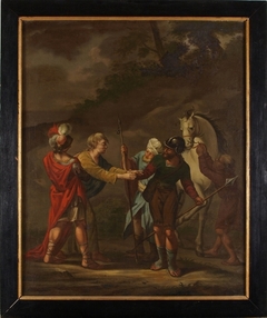 Landschap met drie soldaten, jongen met paard en een gevangene by Frans Willems Swart
