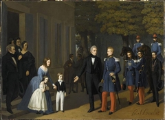 Le duc d’Aumale et sa suite rendant visite à Ange-Henri de La Sizeranne, sénateur, devant la façade du château de Beausemblant by Paul Boulat