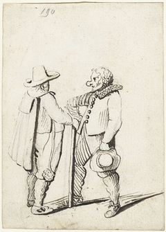 Man in cape praat met komediant (?) by Harmen ter Borch