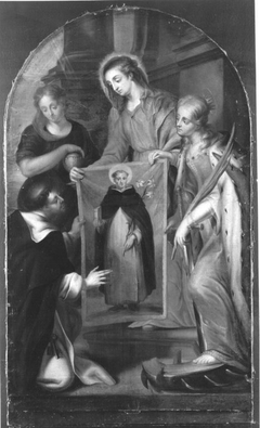 Maria, Magdalena und Katharina zeigen das Bild des hl. Dominikus mit Buch und Lilie dem hl. Thomas von Aquin by Oswald Onghers