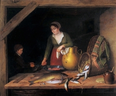 Mère préparant un repas de poissons et jouant avec son enfant by Jenny Legrand