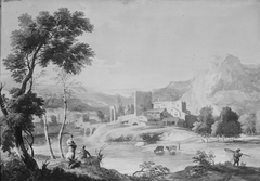 Mountainous Landscape with a River and a Group of Buildings Beyond