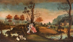 Naïve Landscape with a Rustic Courting Couple, a Woman milking a Cow, Goats and with a Church and House in the distance by Anonymous