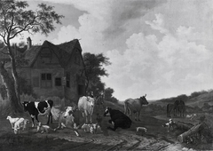 Ochsen und Ziegen vor einem Gasthof by Willem Romeyn