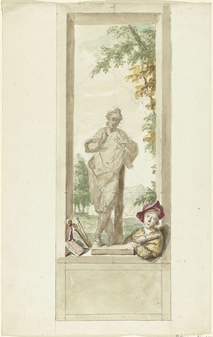 Ontwerp voor een zaalstuk: standbeeld van zintuig Gehoor, daarnaast een jongeman met muziekinstrumenten