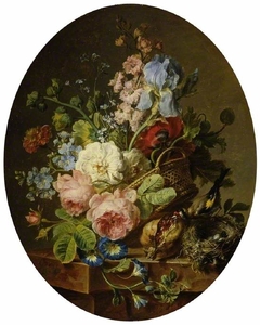 Open wicker basket of mixed flowers, including iris, roses, poppies, hollyhock, marygold, larkspur and convolulus on a marble ledge with an open pomegrante and a goldfinch with its nest by Cornelis van Spaendonck